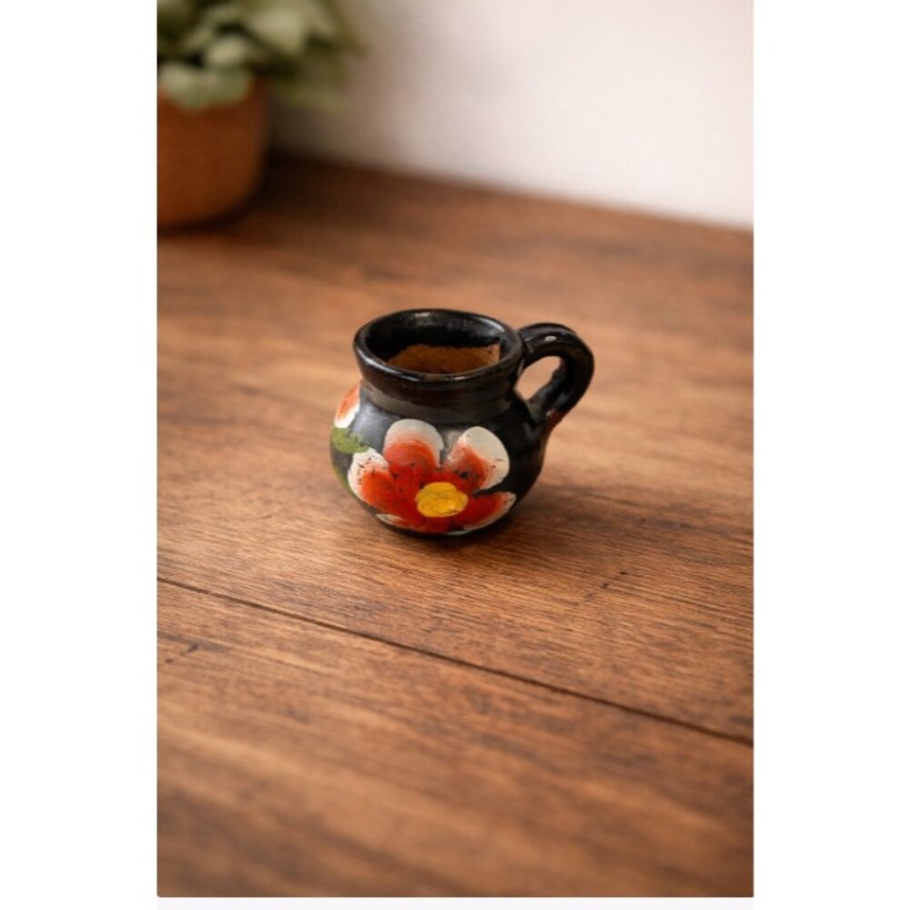 Vintage Mini Redware Pottery Creamer Floral Hand Painted Tiny Ceramic Jug